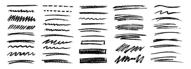 Fototapeta na wymiar Hand drawn crayon scribble pencil lines, chalk stroke, squiggles. Vector charcoal swirls, marker, pen, brushstroke on doodle style lines. Horizontal underline strokes with rough edges collection
