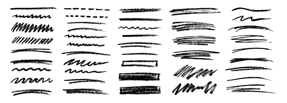 Hand drawn crayon scribble pencil lines, chalk stroke, squiggles. Vector charcoal swirls, marker, pen, brushstroke on doodle style lines. Horizontal underline strokes with rough edges collection