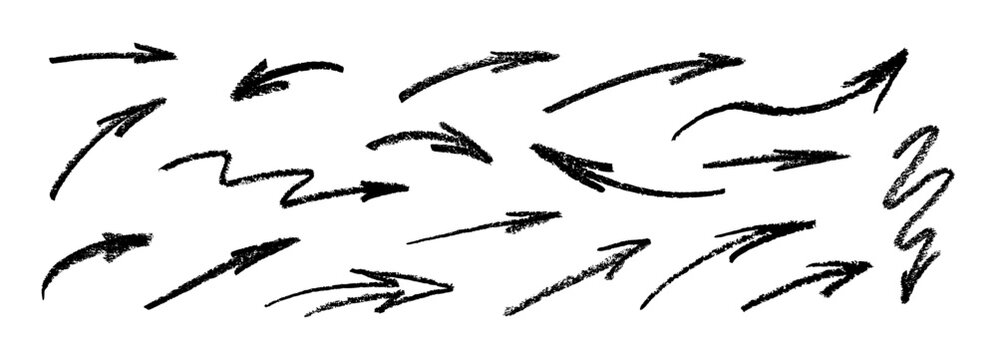 Hand drawn arrow crayon and chalk line with direction rough sketch texture. Black grunge scribble doodle pencil pointer icons. Vector abstract charcoal arrow with with brush stroke texture