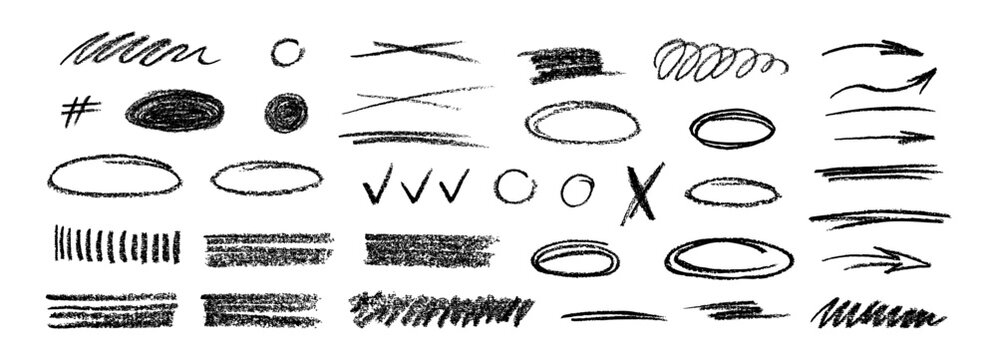 Crayon scribble line with hand drawn chalk, pencil, pen and charcoal texture. Doodle with highlight brush stroke and circle mark. Vector check crayon with sketch squiggle line.