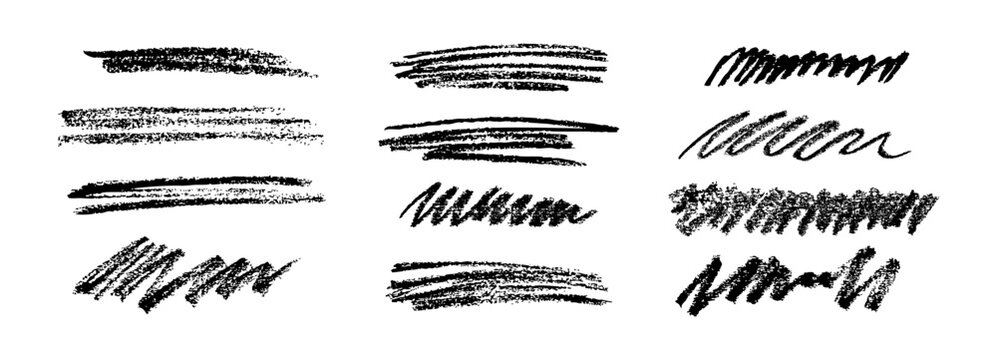 Hand drawn crayon scribble pencil lines, chalk stroke, squiggles. Vector charcoal swirls, marker, pen, brushstroke on doodle style lines. Horizontal underline strokes with rough edges collection