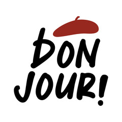 Hand drawn black lettering Bonjour with a classic red French beret hat isolated on white background. Parisian chic style greeting typography graphic design. © gorgang