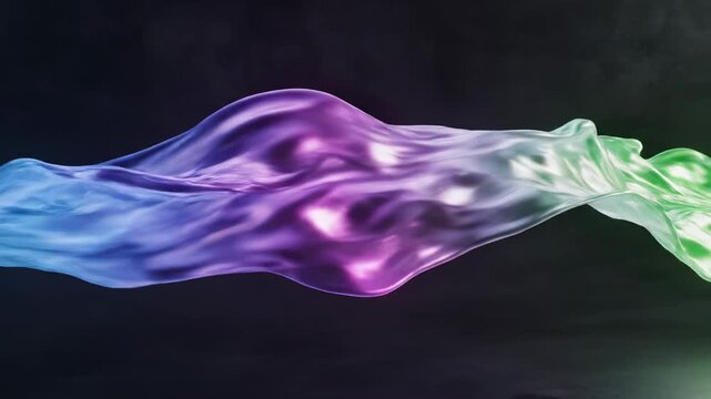 A vibrant, undulating ribbon of iridescent light weaves through the darkness, showcasing a fluid, ethereal form with shimmering gradients of blue, purple, and green, suggesting motion