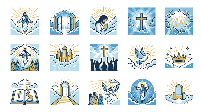 The Virgin Mary descends upon the holy cityscape with angels and crosses shining brightly.