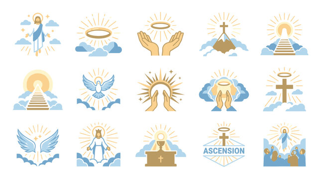 The ascension of Jesus Christ with angels and sun rays depicted in various symbolic illustrations.