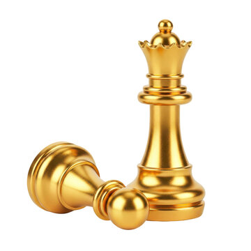 Gold chess queen and rook with architectural isolated on a transparent background