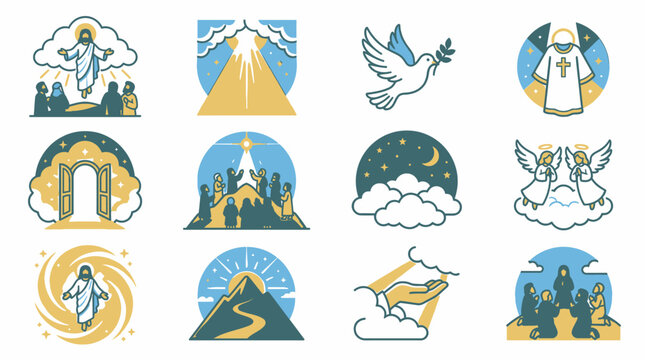 The religious scene depicts a serene moment with Jesus Christ surrounded by angels and religious symbols in a heavenly landscape.