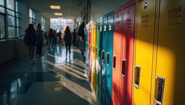 Colorful lockers line a sun-drenched school hallway with students walking in the distance