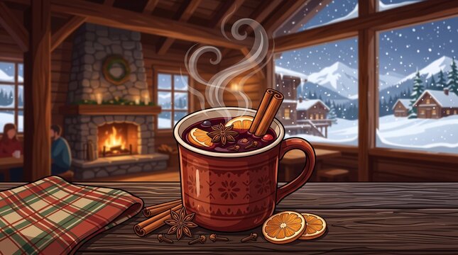 Cozy winter cabin scene with steaming mulled wine, a festive holiday drink, and a warm fireplace. Rustic wooden interior, snowy mountain landscape, and charming ski resort view.