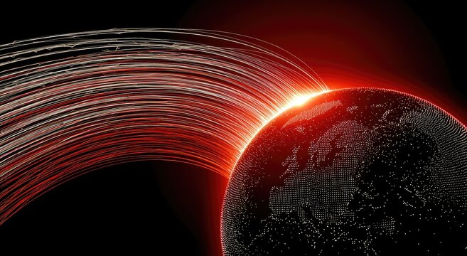 Digital planet bathed in fiery light with data streams flowing outward