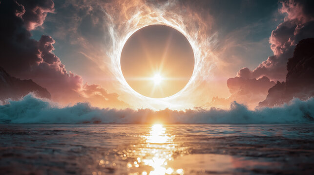 海の上に巨大な光の輪と皆既日食のような神秘的な天体現象を描いたファンタジーな風景
