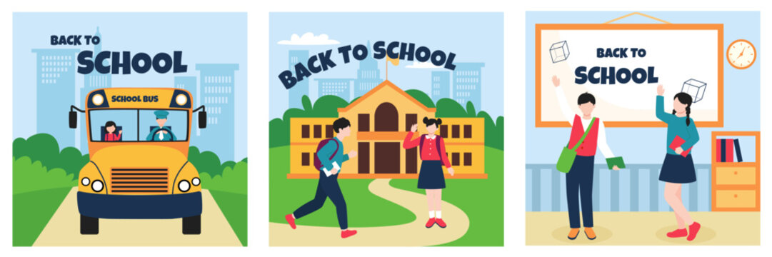 Back to school vector illustration set, yellow school bus with students, children arriving at school building, classroom interior with whiteboard