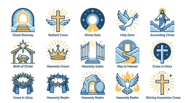The divine scene depicts Jesus Christ ascending to heaven with a cross and dove surrounded by gates clouds and radiant symbols