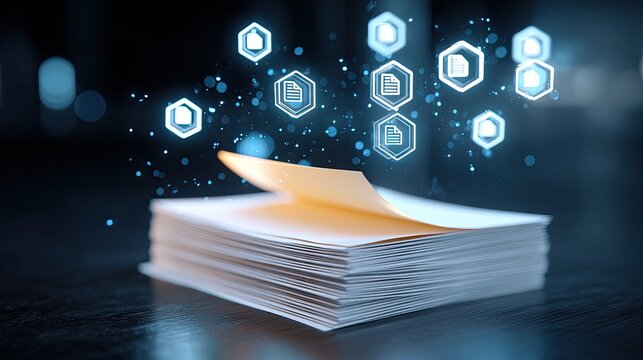 Stack of papers with digital documents floating above