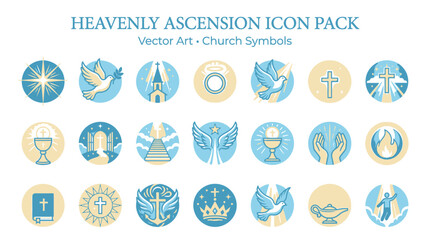 Fototapeta premium The heavenly ascension scene depicts religious symbols and icons in a sacred environment with holy objects and orbs.