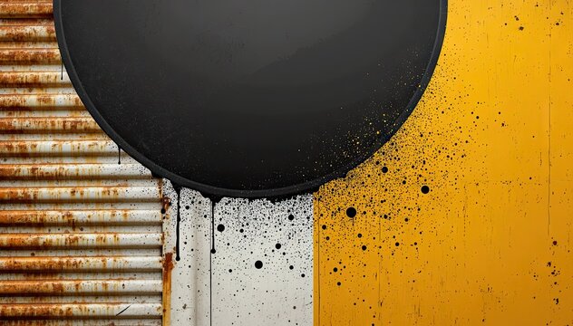 A minimalist abstract scene featuring a large black circle dripping paint onto a yellow and white industrial background