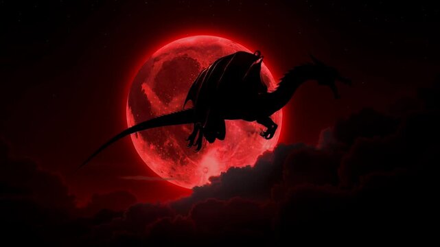 Silhouette of a dragon flying in front of a glowing red full moon in a dark cloudy night sky
