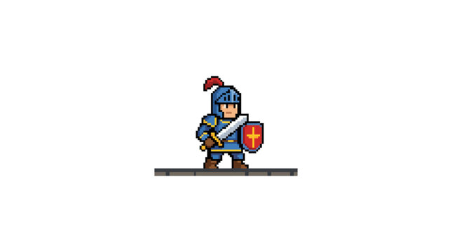 Pixel art knight with sword and shield