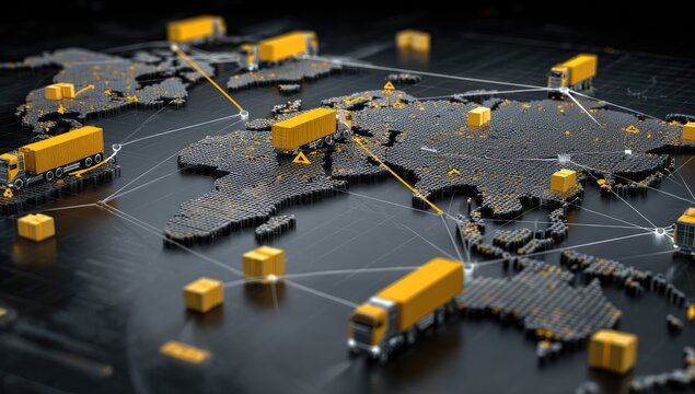 Global Logistics Network with Trucks and Shipping Containers Connecting Continents.