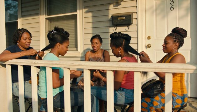 Braiding hair, five women sitting behind white porch railing on stools in summer wear, with combs