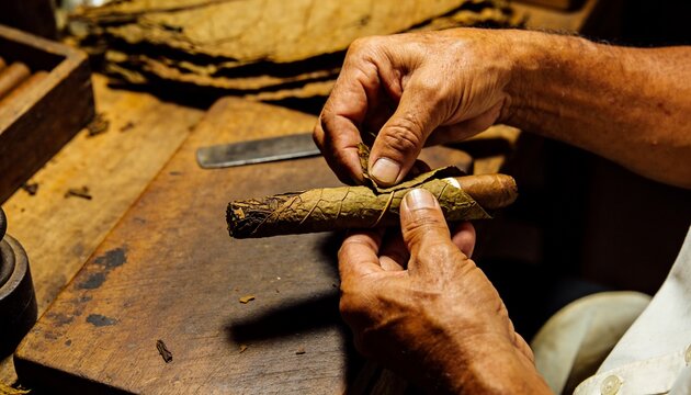 Rolling artisan hands wrapping tobacco leaf around cigar filler on workshop bench, with spatula