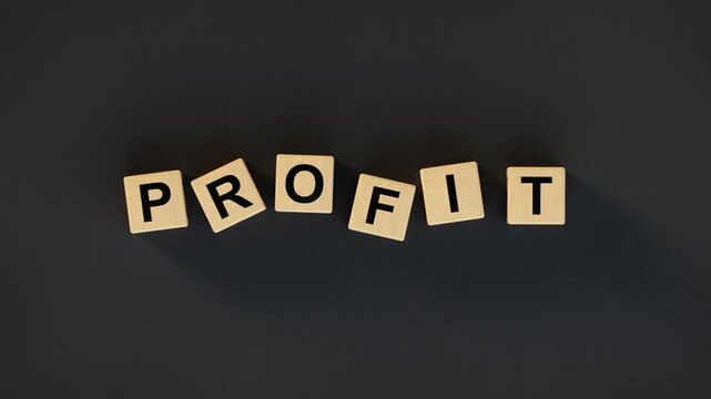 Profit Word Spelled with Wooden Letter Blocks, arranged with a slight dynamic tilt against a minimalist dark gray or black background. Clean concep of financial success. 3D render animation