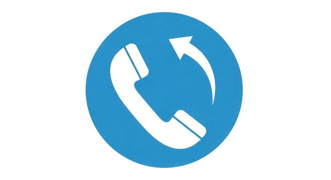 Black telephone handset with a curved arrow inside a solid blue circle on a black background, representing a callback or redial function