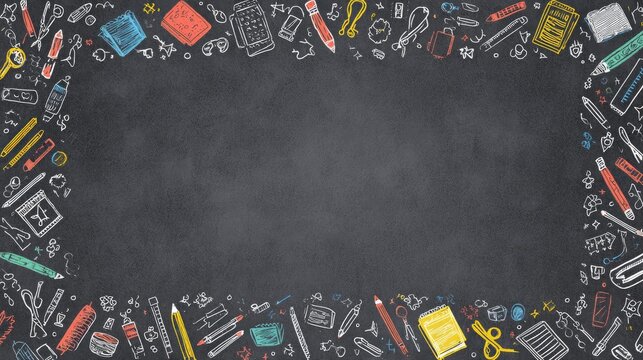 Chalkboard border with colorful sketched school supplies on a dark gray background