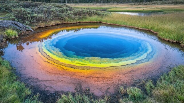Vibrant Geothermal Spring with Concentric Rings of Color Amidst Surrounding Wetlands