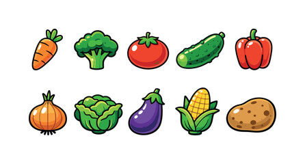 Fototapeta premium Collection of colorful cartoon vegetables on a white background