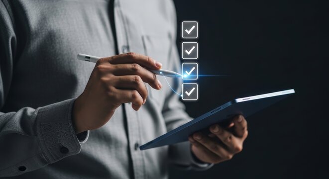 Professional hand digitally marking a checklist on a tablet, symbolizing project completion and business productivity