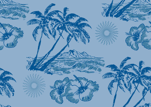 Abstract blue floral background with tropical palm tree silhouettes and summer island hibiscus flowers in a vector sea landscape illustration 