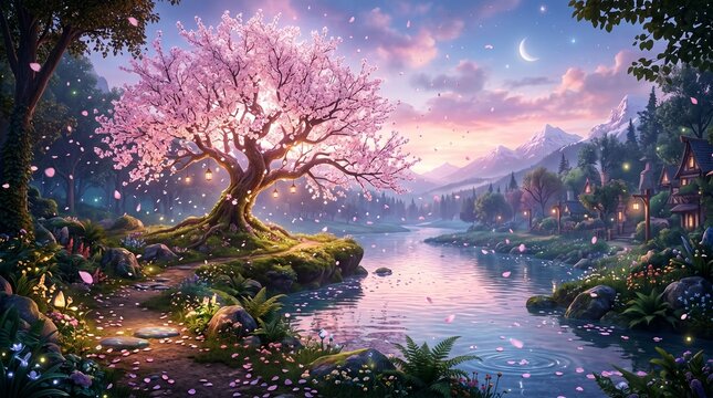 &ldquo;A magical cherry blossom tree in full bloom beside a peaceful river, fantasy 3D environment, pink petals floating in the air.&rdquo;