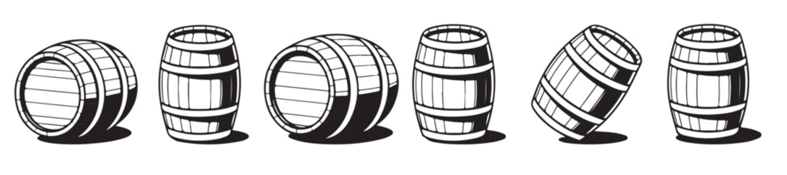 Collection of various wooden barrel illustrations in different positions wine beer storage containers. Barrels set black and white engraving style, vector illustration.