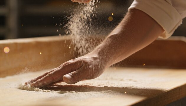Dusting and spreading forearm and hand with rolled-up sleeve on wood board in bakery showing flour