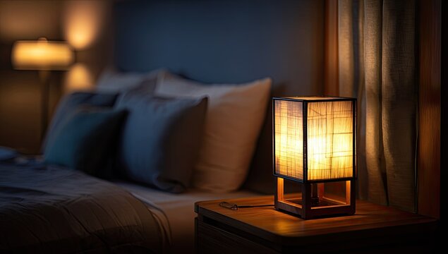 Soft, glowing bedside lamp illuminates a cozy, dimly lit bedroom