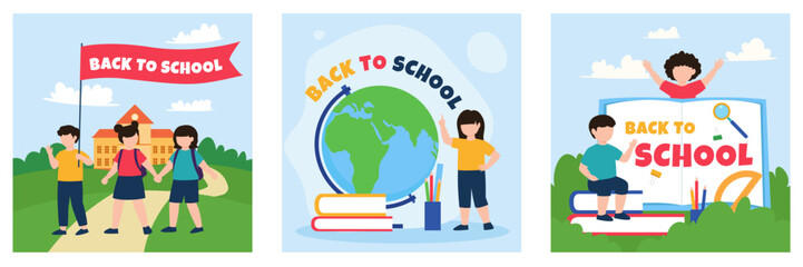 Back to school vector illustration set, happy students with backpacks and globe, educational banners with children and school building background © Designer Raian