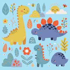 Cute Baby Dinosaur Seamless Set Patterns - Nursery Dino Floral Vector Collection © Алена Гривенюк