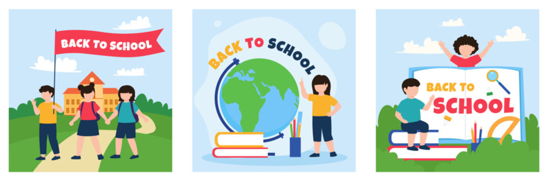Back to school vector illustration set, happy students with backpacks and globe, educational banners with children and school building background