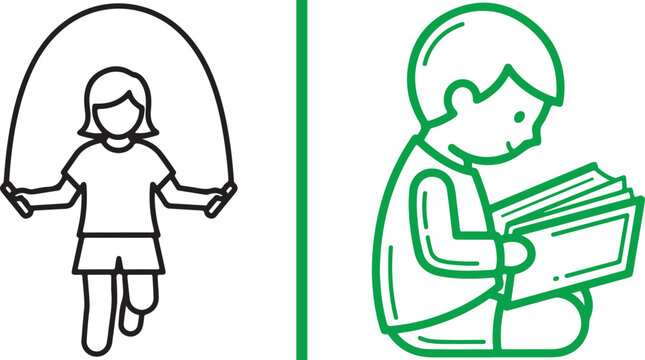 Vector icons of a girl skipping rope and a boy reading a book. Representing the balance between physical exercise and academic learning