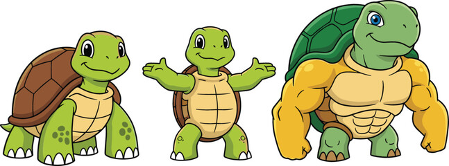 Obraz premium Cartoon turtle characters vector illustration set with cute and strong designs, funny reptiles with expressive poses, playful animal collection isolated on white background