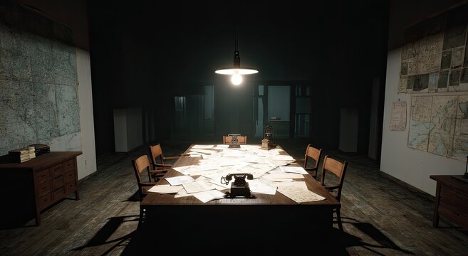 Dimly lit room with a long table covered in papers, a vintage phone, and maps