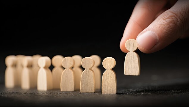 Hand selecting a wooden figurine from a group, symbolizing recruitment and choice.