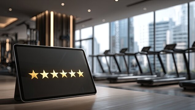 Tablet displays five gold stars, symbolizing a perfect rating in a modern gym