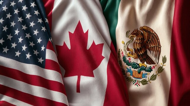 Close up of waving national flags of the United States, Canada, and Mexico.
