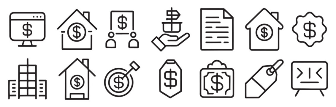 Auction web icons. Contains such Icons as Price Tag, Deal. Simple auction and bidding line icons set with price tag deal gavel and online auction symbols, vector illustration.