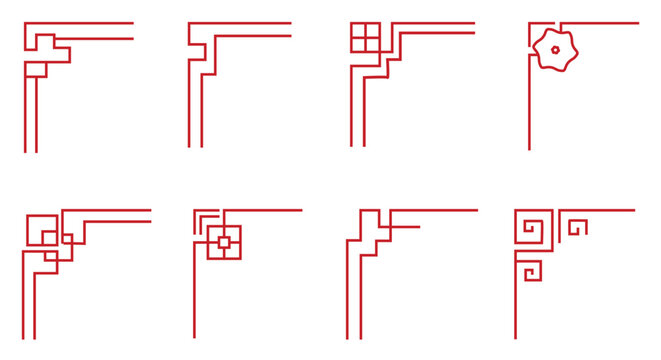 Decorative red corners frame design elements with vintage oriental style patterns.
