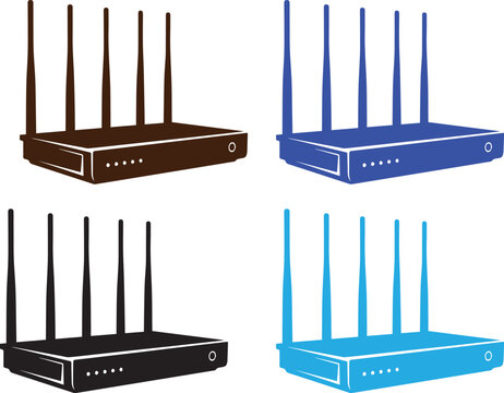 Colorful wireless router vector collection, WiFi modem and internet networking device illustrations, modern communication technology icons isolated on background