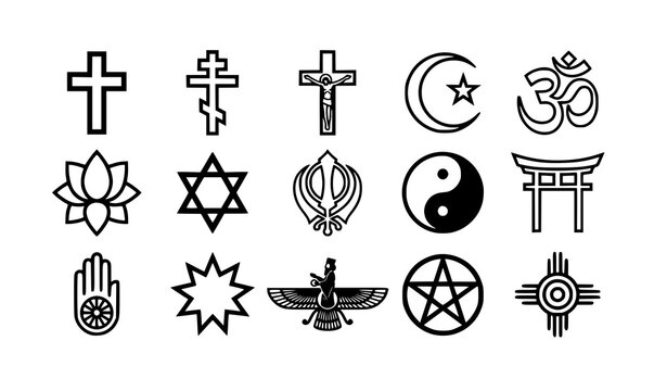 Black vector icons of 15 world religions symbols isolated on white background