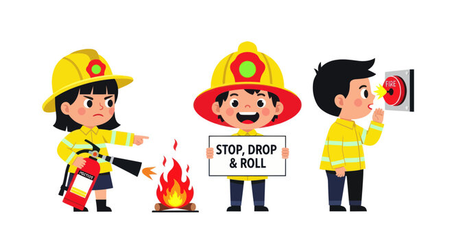 Children firefighters learning fire safety, stop drop roll, fire alarm